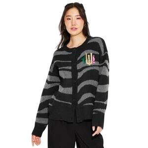 New Wicked Black Gray Zebra Stripe Button-Up Cardigan Sweater Small